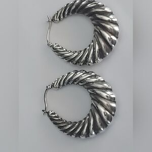 Twisted Silver Hoop Earrings - Polished Silver Tone
